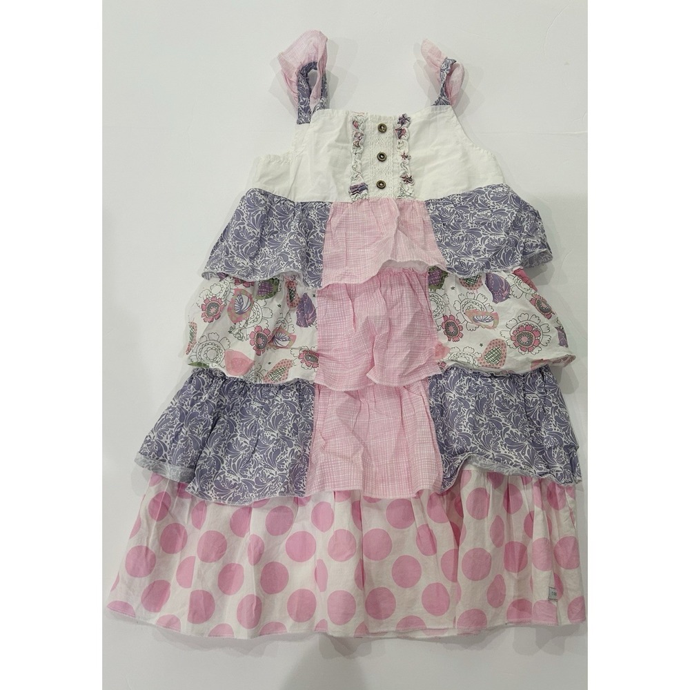Naartjie Girls 100% Cotton Dress Size 8 Tiered Ruffle Smocked Paisley Polka Dot